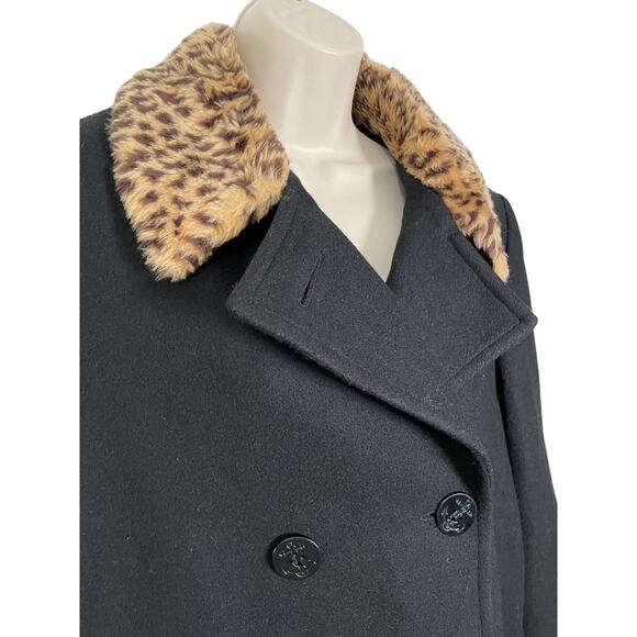 Wool Peacoat, Black with Leopard Trim, Style and warmth! Ladies Large - Picture 3 of 8